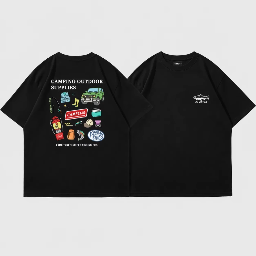 2026 Unisex Outdoor Camping Collage Graphic T-shirt Oversized Short Sleeve Tee Adventure Cartoon Art Print Summer Cotton Top