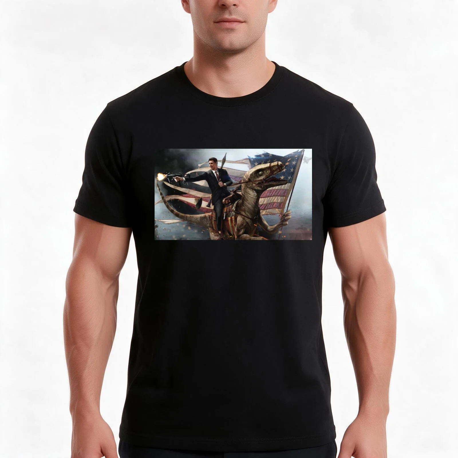 Reagan Riding a Velociraptor T-Shirt Summer Casual Cotton Tee Oversized Streetwear Tops Vintage Graphic Print 100% Cotton