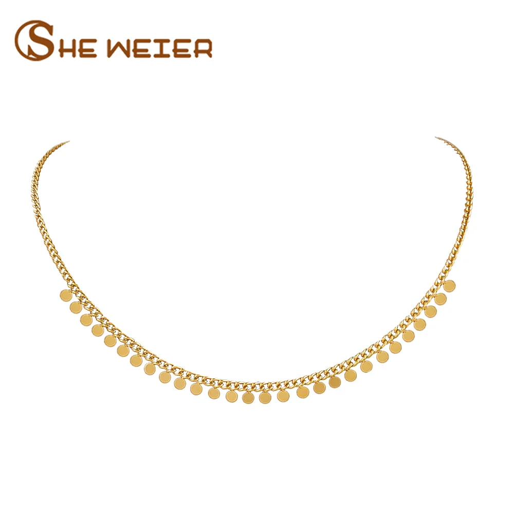 Trendy Stainless Steel Necklace For Women Gold Silver Color Round Geometric Pendant Necklace Choker Snake Chain Necklace Jewelry