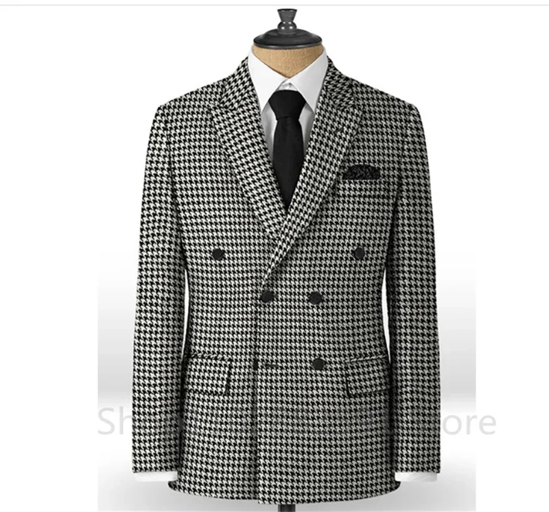 Check Houndstooth Men Suits for Groomsmen with Peak Lapel 2 Pieces Wedding Tuxedo Casual Plaid Man Fashion Jacket Pants