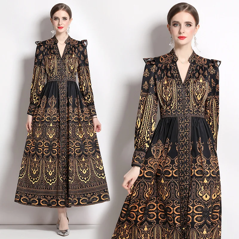 Vestido largo con volantes y estampado barroco de manga larga acampanada para mujer, vestido Vintage de otoño con cuello en V y una hilera de botones, vestido de flores