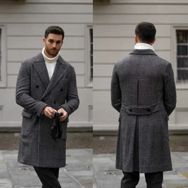 

Classic Men's Woolen Long Overcoat Double-breasted Autumn Winter Warm Coat Casual Party Occasion Clothing Customized