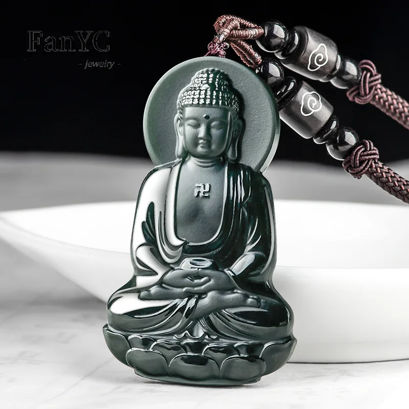 

Natural Hetian Jade Ink Jade Amitabha Pendant Hand-carved High-grade Luxury Guardian Deity Necklace Men and Women Holiday Gift