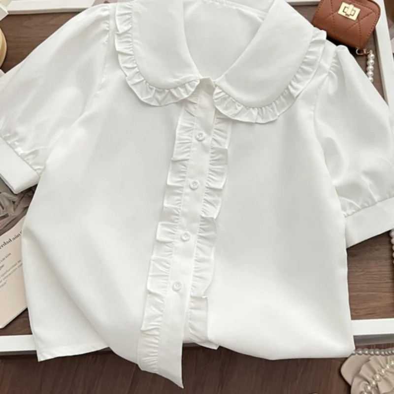 Summer Casual Puff Sleeve Short-Sleeve Cute Lolita Kawaii Ruffle Design College Style Fashionable Sweet Solid Color JK College S