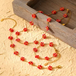 Cute Summer Handmade Necklace Bracelet and Anklet Set for Women Colorful Glass Flowers Beaded Stainless Steel Jewelry