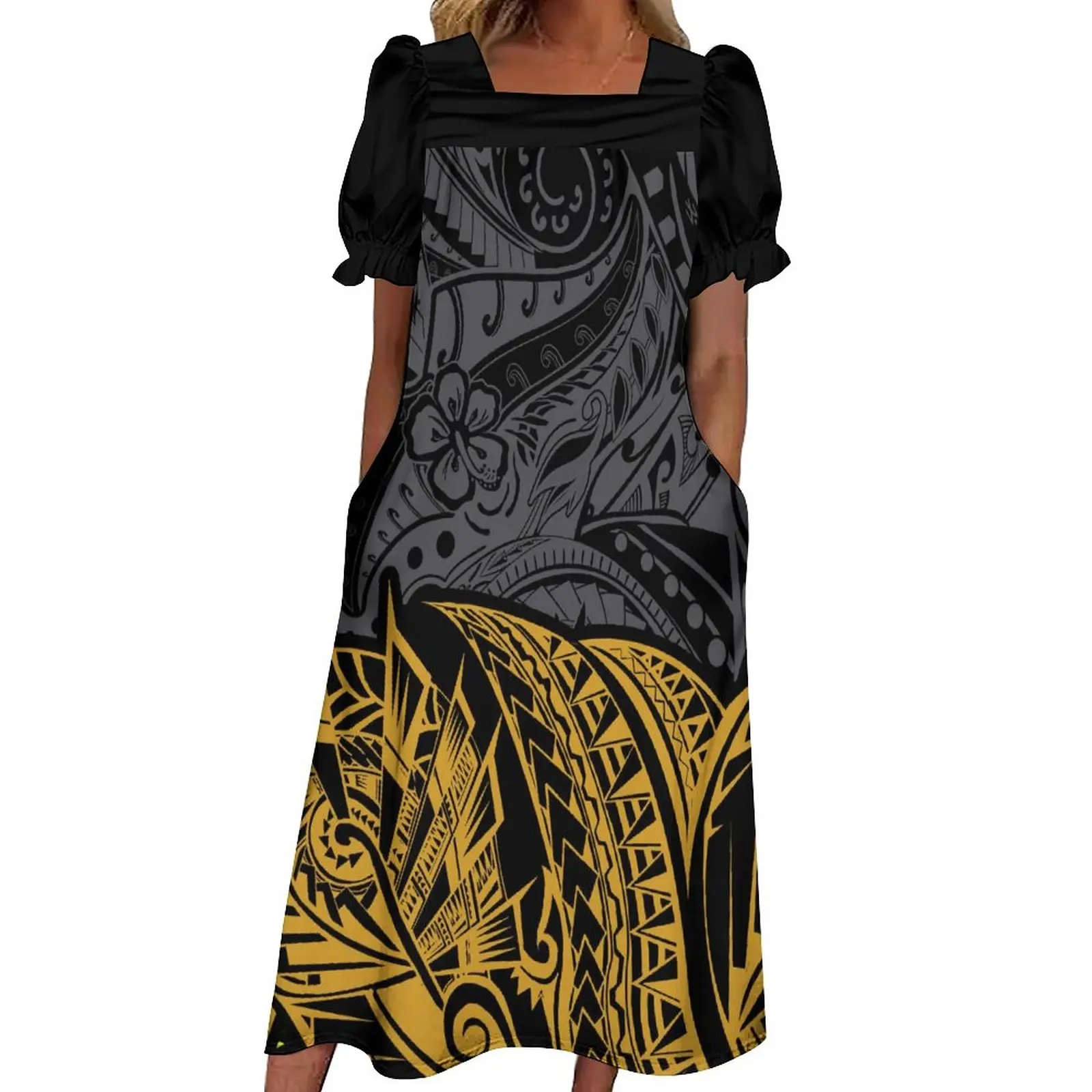 Hawaii Elegant Banquet Dress Polynesian Women's Dress MUMU Customized Summer Short Sleeves Low Neck Long Dress