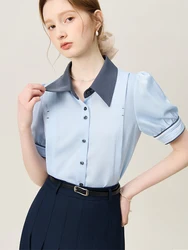 FSLE French Style Commuting Shirt Top For Women's 2024 Summer New Short Sleeved Exquisite Blue Yellow Women Shirts 24FS12255