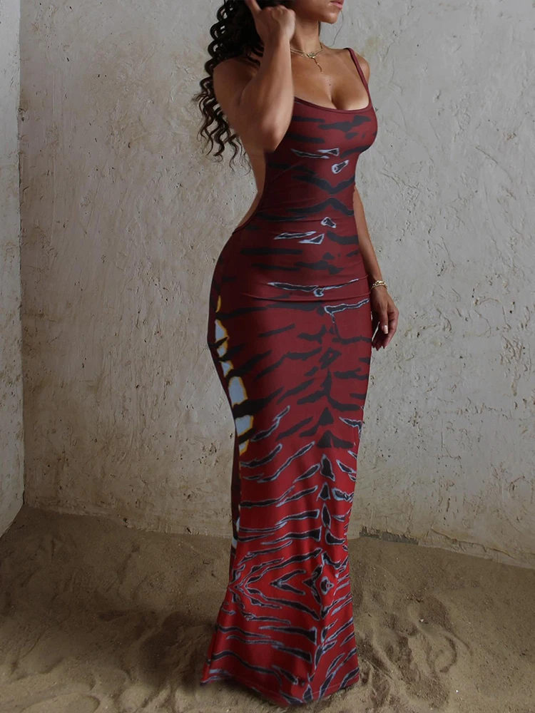 Sisterlinda Rückenfreies Maxikleid für Damen, ärmellos, Leopardenmuster, sexy, dünn, Clubwear, Stretch, eng, Strandurlaub, schlank, Vestidos