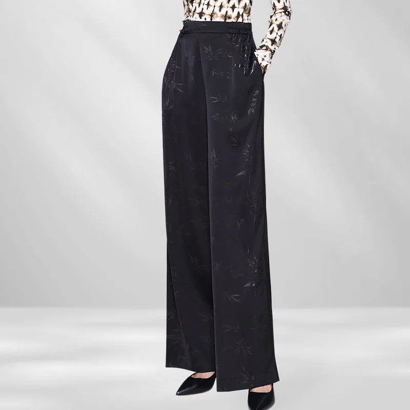 2024 Summer Women' Soft Black Satin Pants Trousers High Waist Wide Leg Pocketed Printed Casual Streetwear Dress Pants For Women