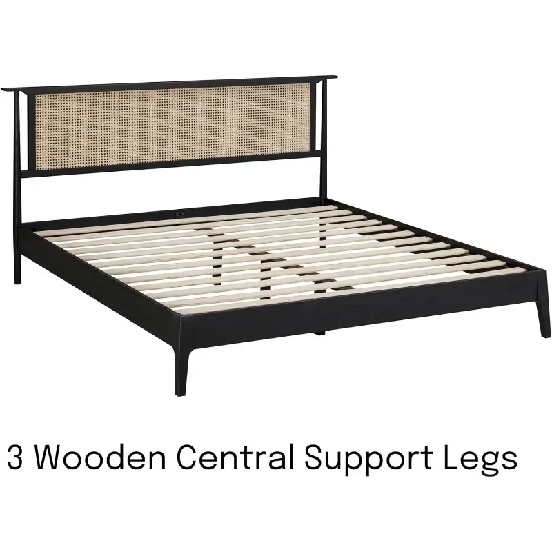 Robijn Houten Bedframe Met Hoofdeinde En Natuurlijke Rotan, Massief Eiken Bedframe Met Stille Latten