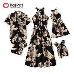 PatPat Family Matching Solid Leaf Sleeveless Halter Dresses And Short Sleeve Tops Sets