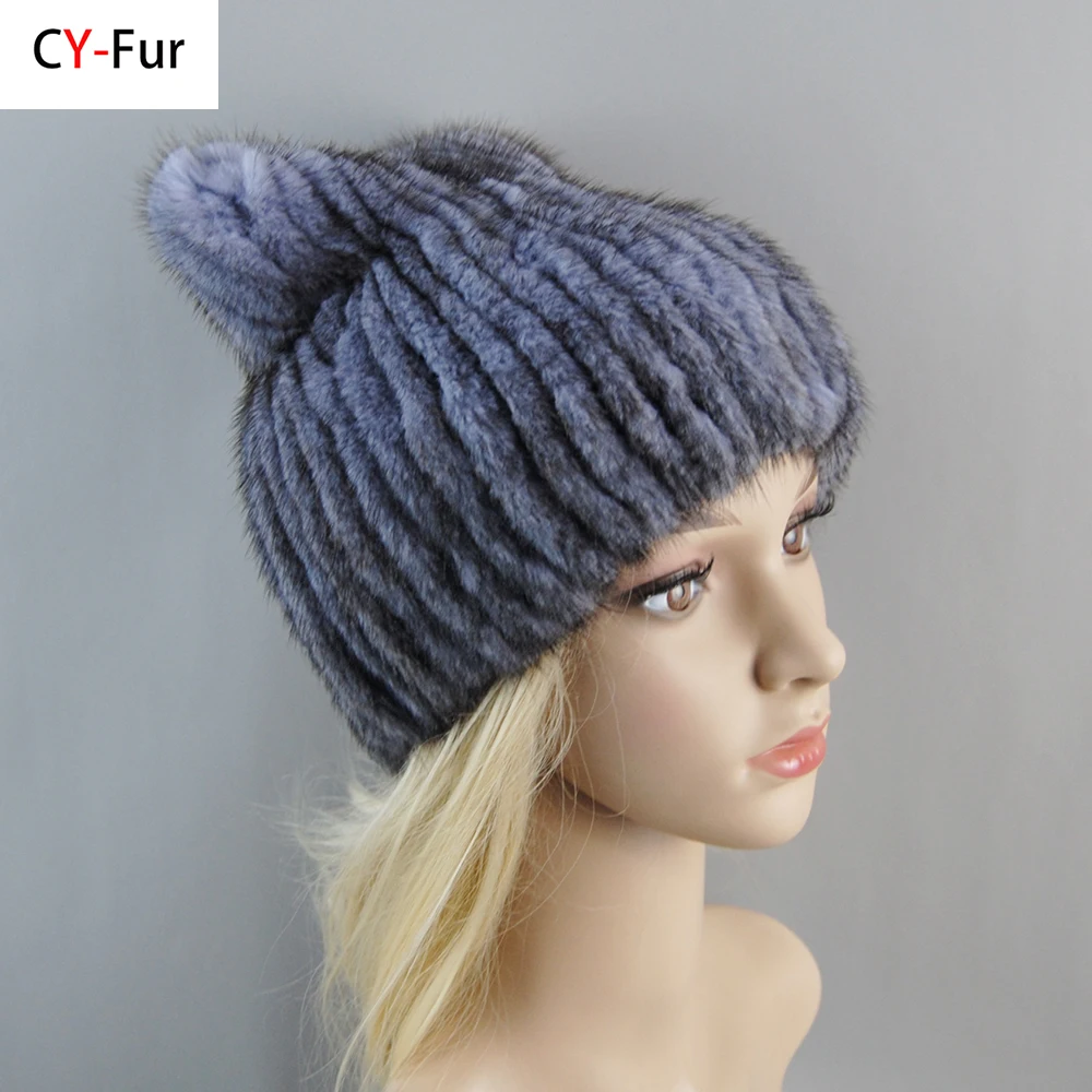 

2025 New Luxury Women Handmade Knit Fashion Winter Warm Headwear Beanies Cap Fashion Genuine Real Natural Knitted Mink Fur Hat