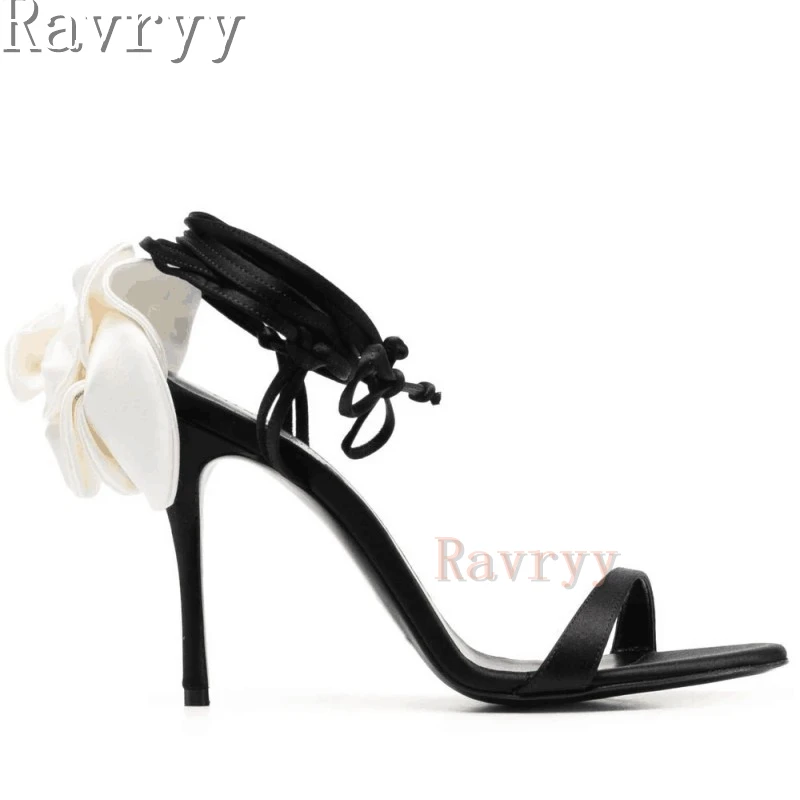 

White Flower Strap High Heel Sandals Round Open Toe Ankle Strap Stiletto Female Shoes Hot Sale Fashion Party Bridal Shoes