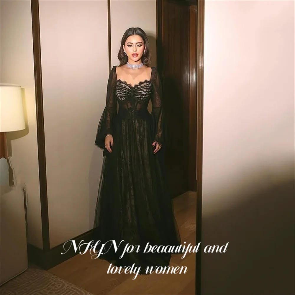 

NFYN Black Beach Party Dress Bell Sleeves Night Dresses Glamorous Lace Prom Dress for Woman Floor Length 프롬 드레스 Customized