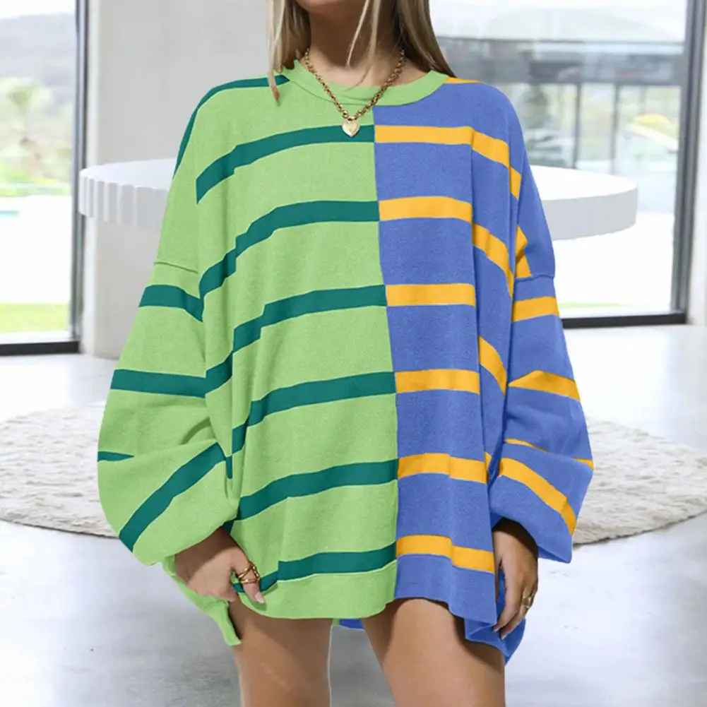 

Double-sided Velvet Sweatshirt Colorblock Striped Oversized Sweatshirt for Women Knitted Mid Length Pullover Top Wear for Fall