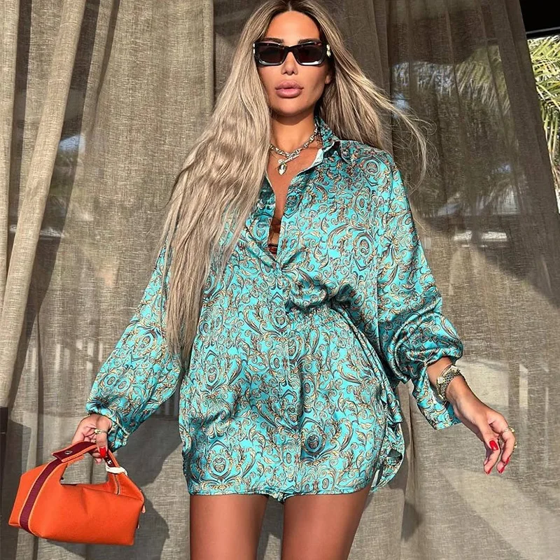 

Women's clothing 2025 summer new fashionable printed collar loose long sleeved shirt casual shorts set