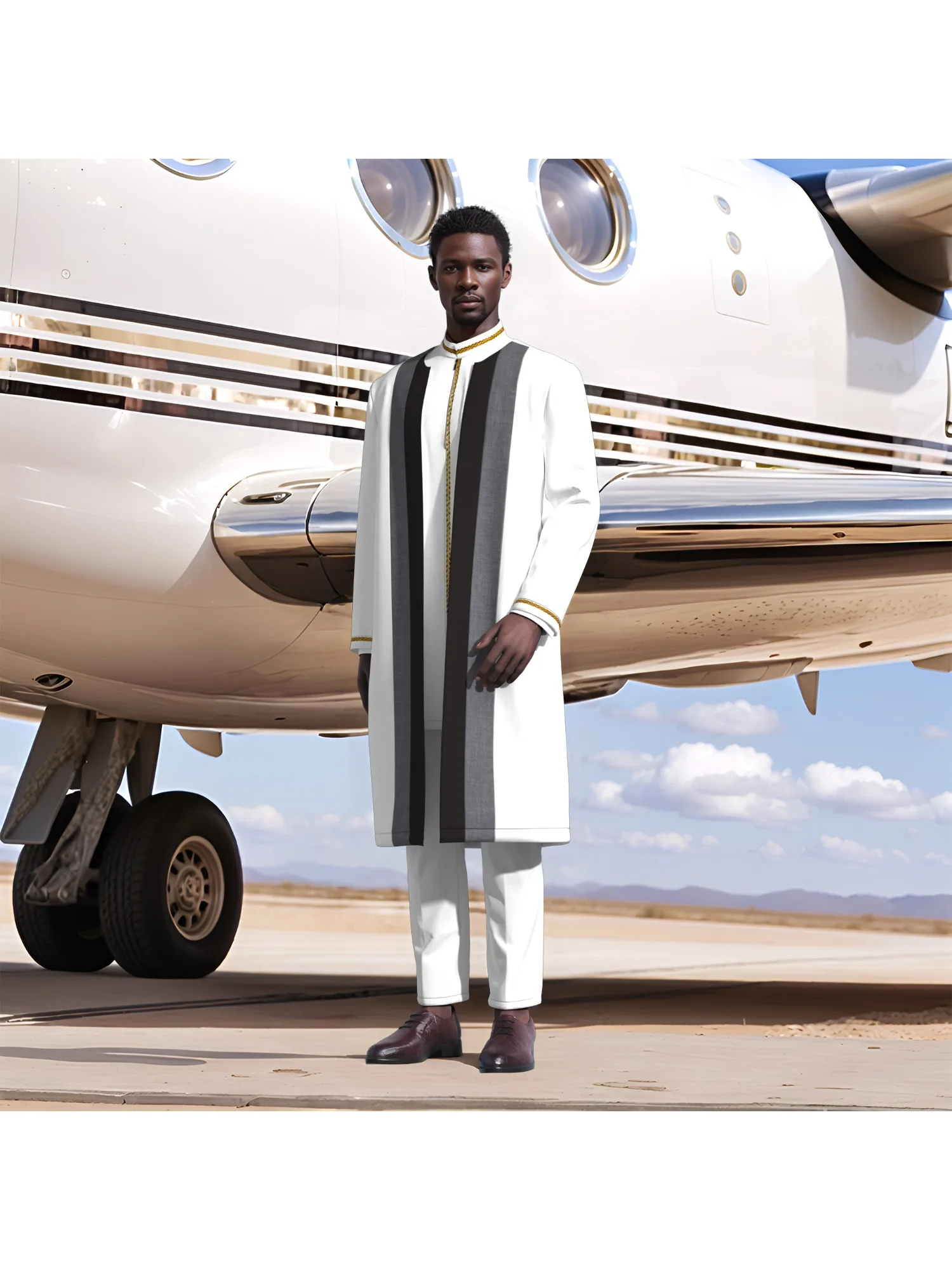 Luxury Vertical Striped Agbada Set High-End Business Casual Wear Men's Long Coat and Casual Pants WYNX012