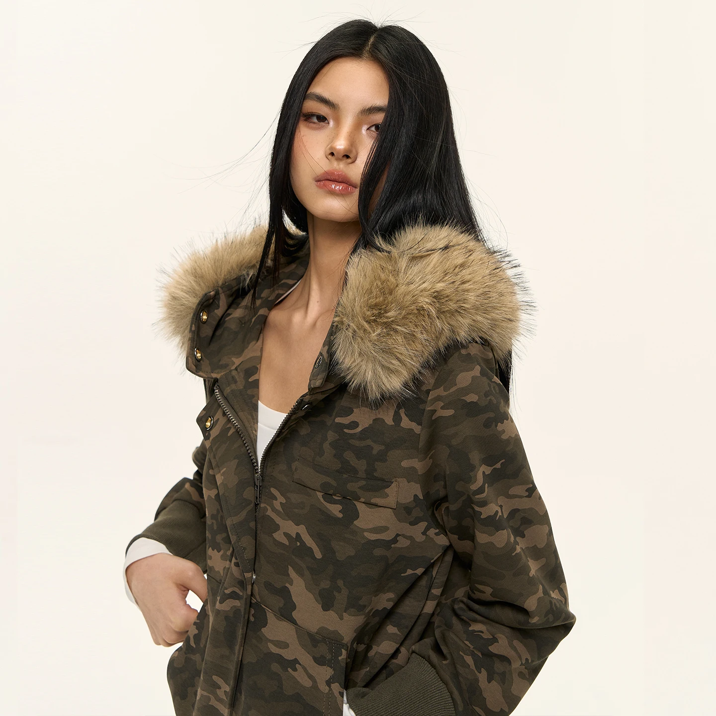 

Женская камуфляжная куртка Nova B с капюшоном, меховым воротником, на молнии, с длинными рукавами, приталенная, в американском ретро-стиле, для дерзких девушек