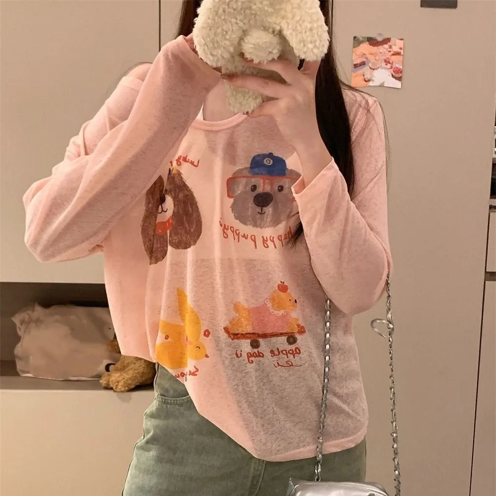 

Thin Dog Print Graphic T-shirt Cartoon Loose Cartoon Animal Long Sleeved Top Ins Korean Style Round Neck Oversized T-shirt Women