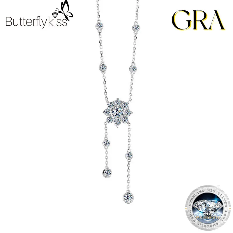 

Butterflykiss S925 Sterling Silver Moissanite Necklace For Women Tassel Bubble Rose Clavicle Chain Luxury Design Fine Jewelry