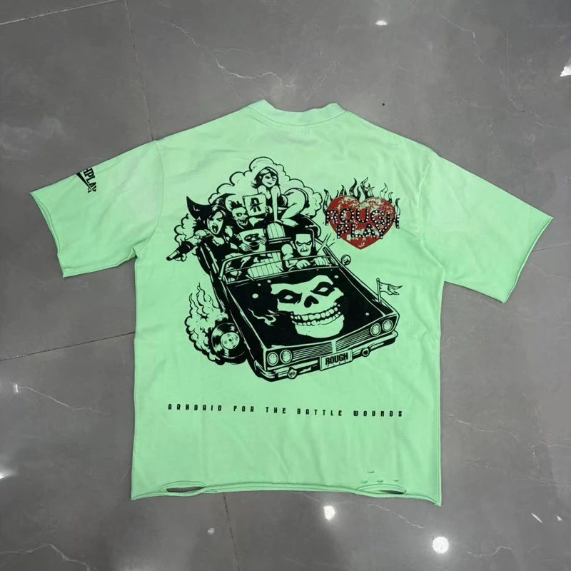 Hip Hop Trend Fashion Casual Roughplay Short Sleeved Top Men Women Comfortable Quality Hotfix Rhinestone Damaged T-shirt