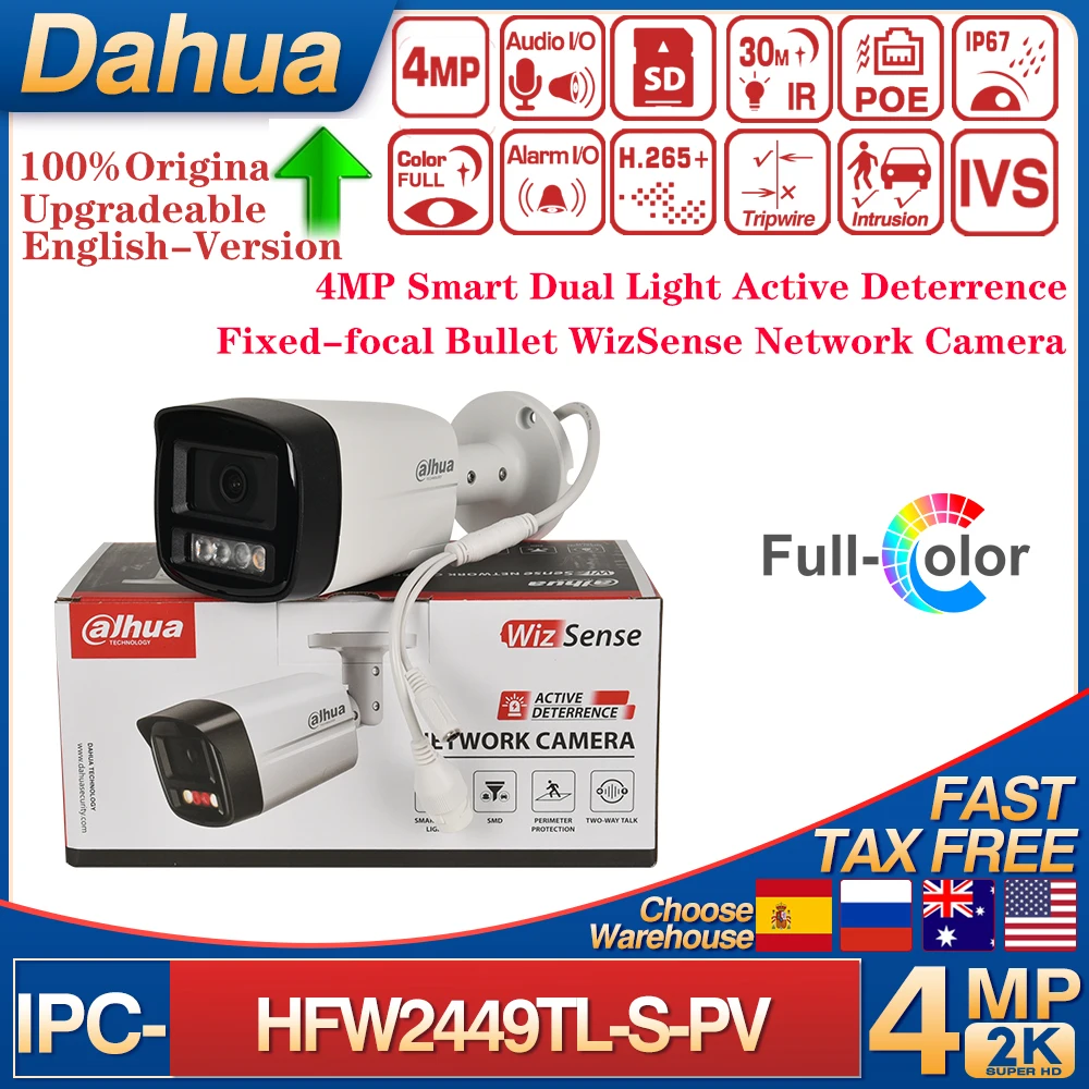 Original Dahua 4MP IPC-HFW2449TL-S-PV WizSense IP Camera Support POE SMD Plus Two-way Talk Smart Dual Light Surveillance Camera