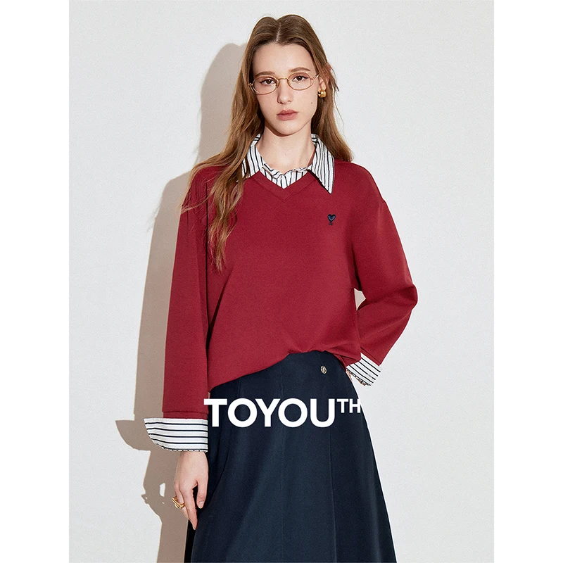 

TOYOUTH Women Hoodies Sweatshirt 2025 Spring New Splicing Fake Two Piece Round Neck Slim Fit Pullover Tops