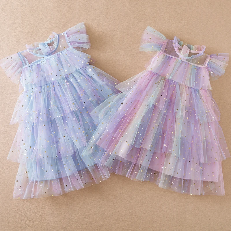 Girls Perform Sequin Rainbow Dress Children Princess Tutu Dress Summer Prom Mesh Dresses Kids Birthday Party School Casual Wear