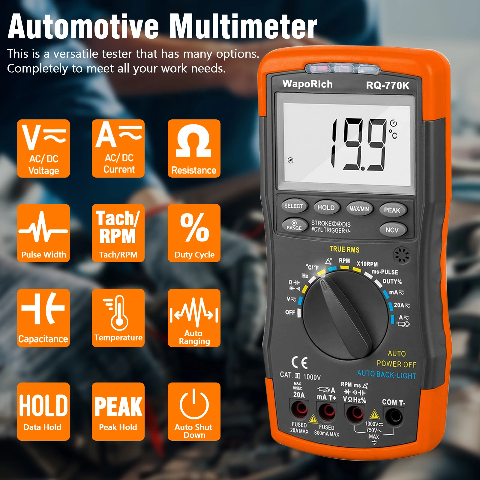 770K Automotive Multimeter 6000 Counts True RMS Tach RPM Dwell Pulse Width for Car Diagnostic