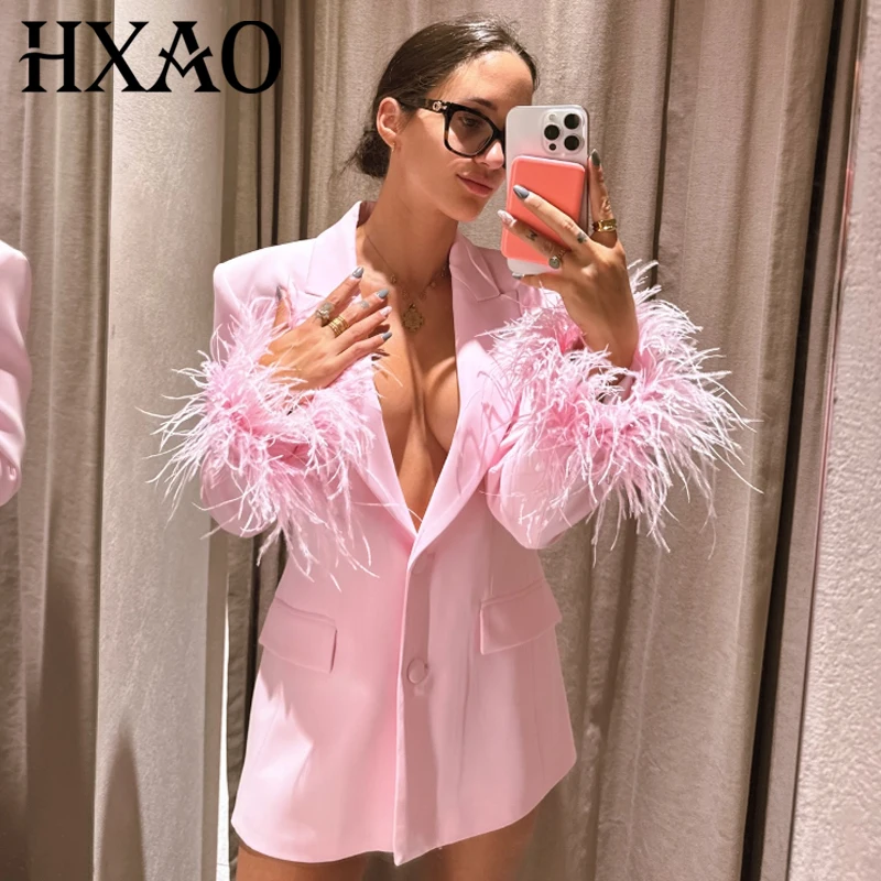 

HXAO розовый пиджак с перьями, женский осенний костюм 2024, приталенный пиджак с длинными рукавами, офисная одежда, женский женский пиджак высокого качества