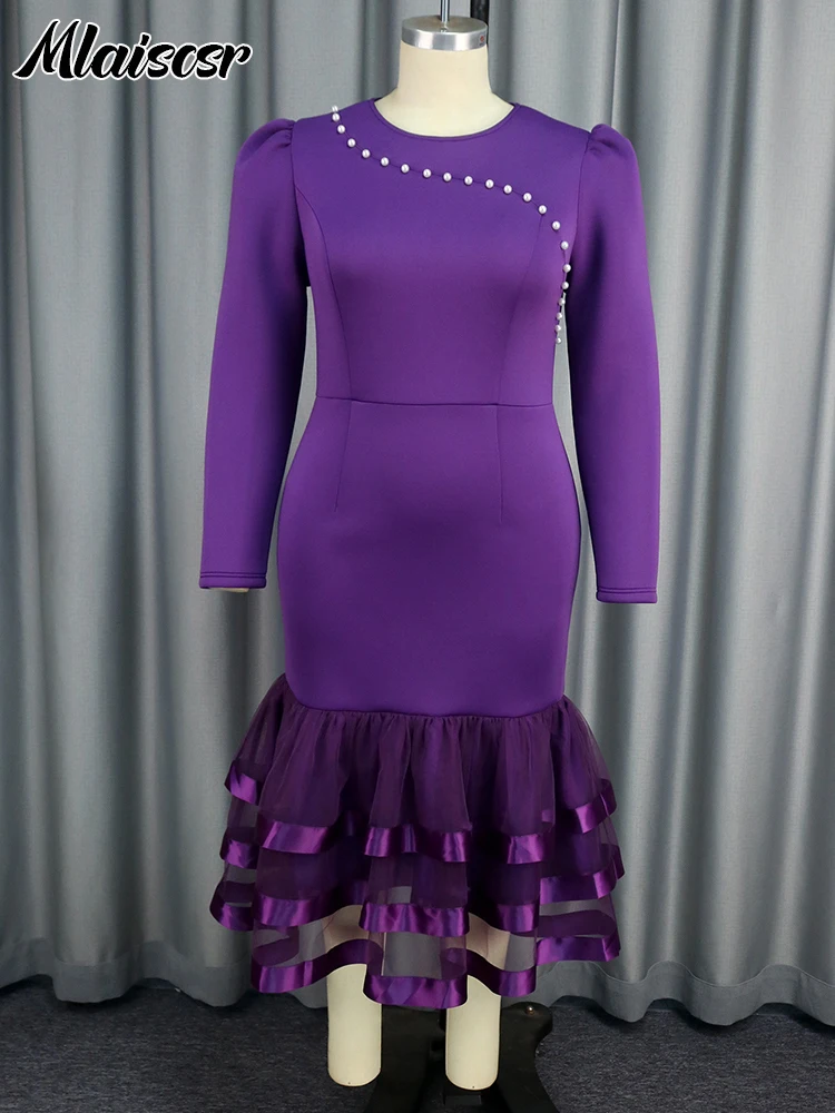 Mlaiscsr Elegant Purple Long Sleeve Mermaid Dresses O Neck Pearl Tierred Bodycon Weddingd Guest Evening Birthday Cocktail Party