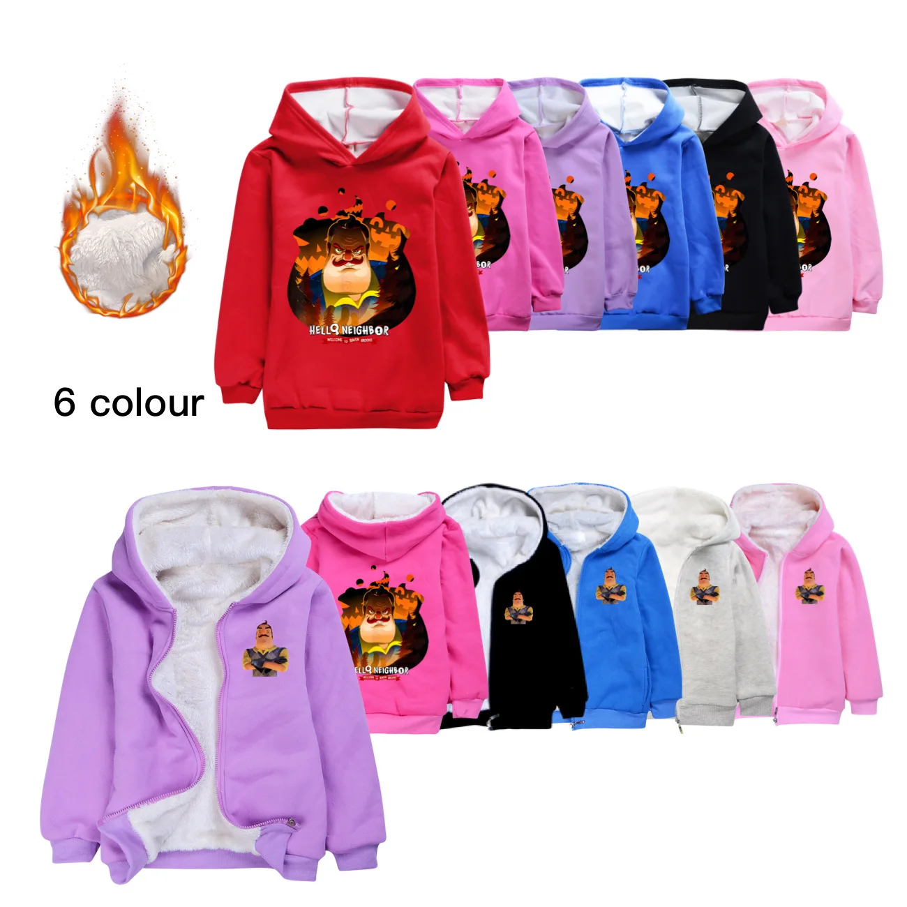 Hello Neighbors Chaqueta con capucha de terciopelo grueso y cálido para niños, abrigo con cremallera para niños, ropa para adolescentes, ropa de abrigo a la moda para niñas