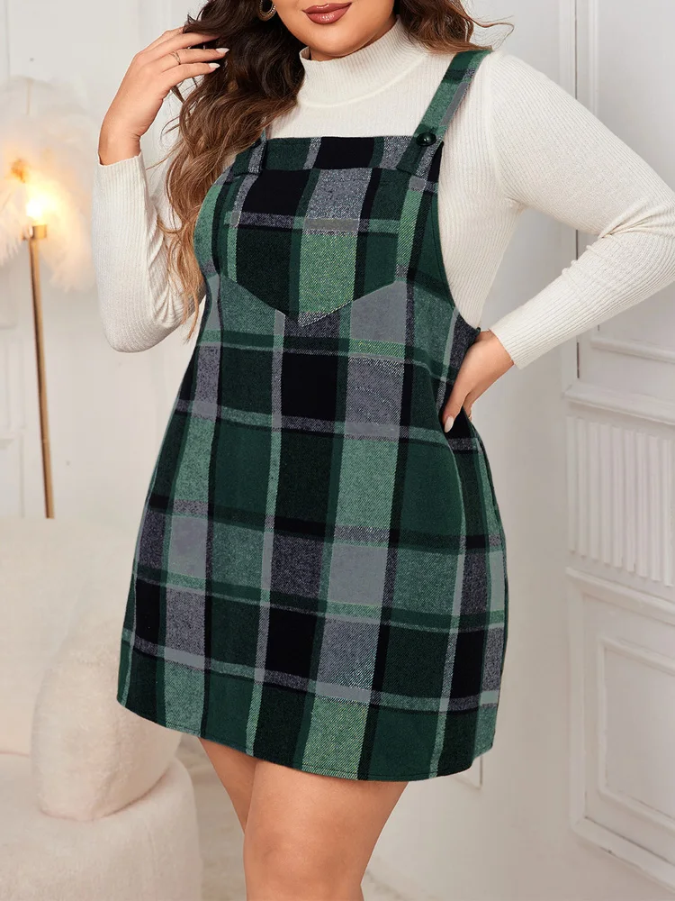 GIBSIE Plus Size Plaid Strap Dress Women New 2024 Autumn Winter Vintage Sleeveless Loose Mini A-Line Dresses Female Vestidos