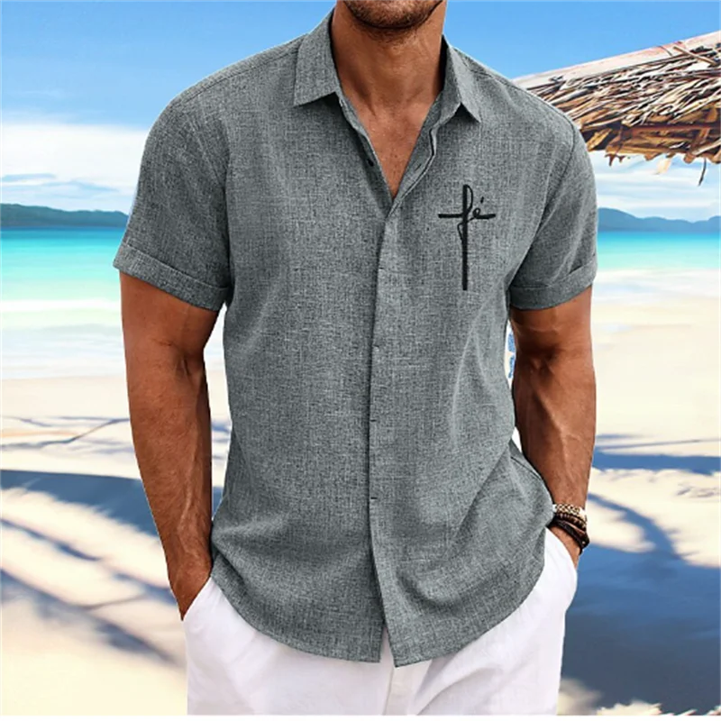 Camisa con estampado cruzado para hombre, camisa blanca de manga corta con botones y solapa, ropa de calle, informal y suave, de diseñador, a la moda, 2023