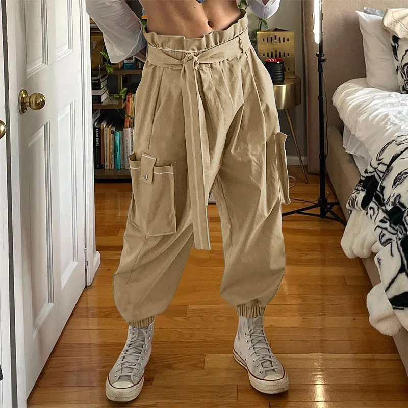 

INCERUN мужские брюки однотонные джоггеры на шнуровке повседневные брюки-карго мужская уличная одежда со свободными карманами модные мужские длинные брюки для отдыха