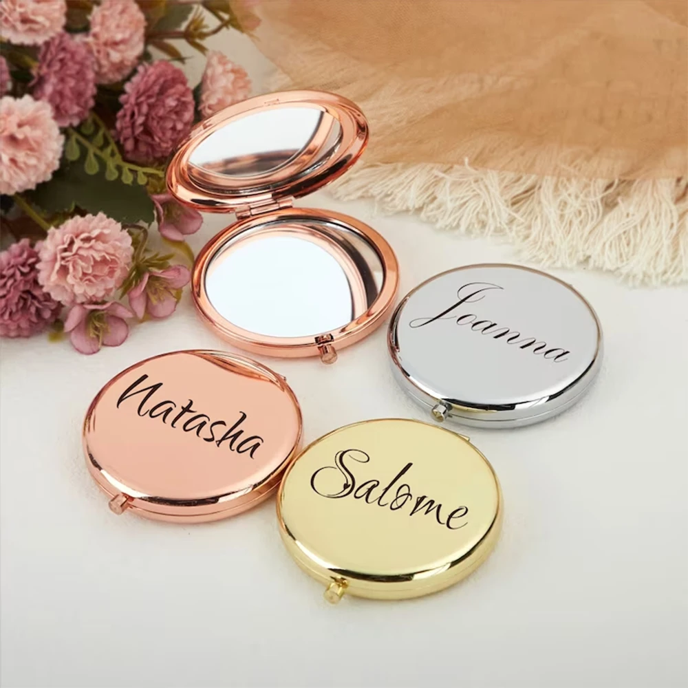 Personalized Wedding Pocket Makeup Mirror Convenient Round Metallic Compact Mirrors Bridesmaids Gifts Bridal Shower Decoration