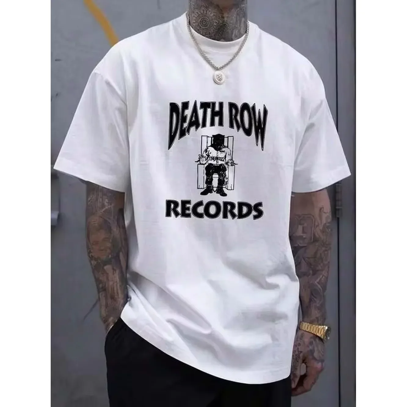 DEATH ROW Portrait Print Short Sleeve Men's T-Shirt, Casual Stylish Men's Top T-Shirt, Crew Neck Comfortable Short Sleeve Men's T-Shirt, Suitable For Everyday Wear And Resort