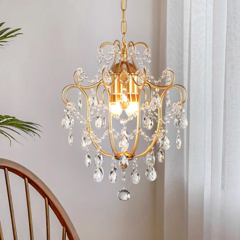 Retro Crystal Chandelier LED Restaurant Hanging Lamp Room Decor Luxury Bedroom Parlor Light Fixture Golden Crystal Pendant Light