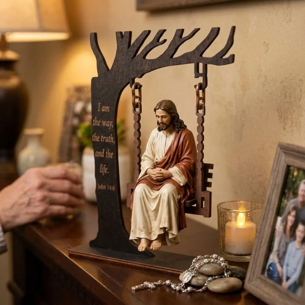 Vintage Wooden Jesus Swing Ornament Religious Verse Engraved Virgin Mary Swing Sculpture Catholic Inspirational