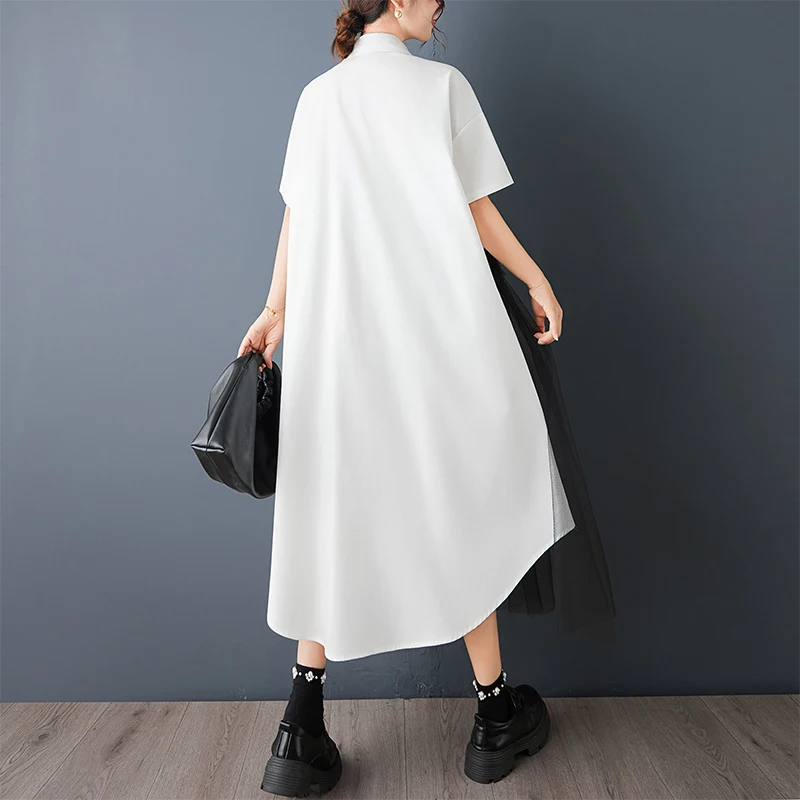 Harajuku ريترو طباعة شبكة تقليم قصيرة الأكمام قميص فستان المرأة فضفاض غير المتماثلة ميدي فستان الصيف Y2K موري فتاة البلد وتتسابق #3