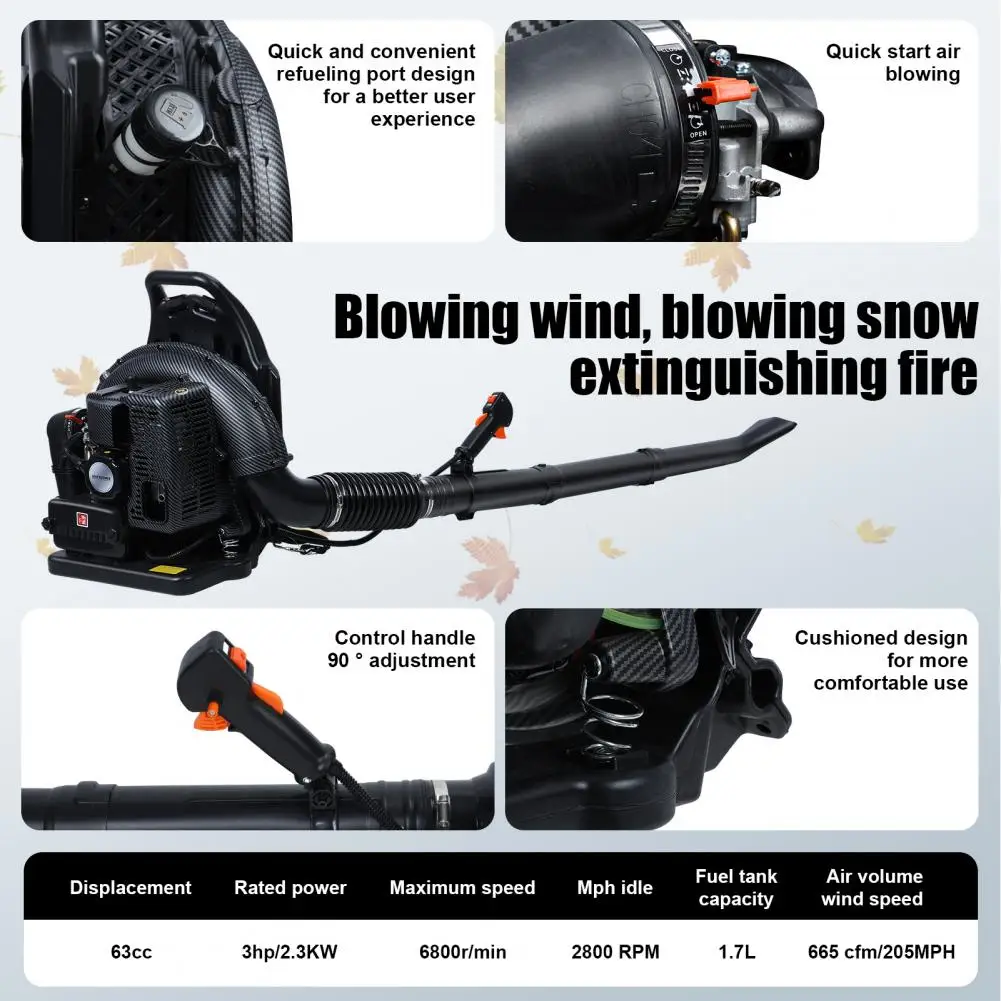 63CC Gas Powered Backpack Blower 2-Stroke Long Pipe Snow Blower With 1.7L Fuel Tank Ergonomic Design Leaf Blower For Lawn