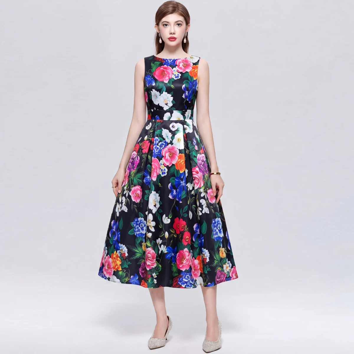 

Women's Fashion Jaquard Floral Print Midi Dress Sleeveless Vest Tank A-Line Long Summer Autumn Office Lady Holiday Gown