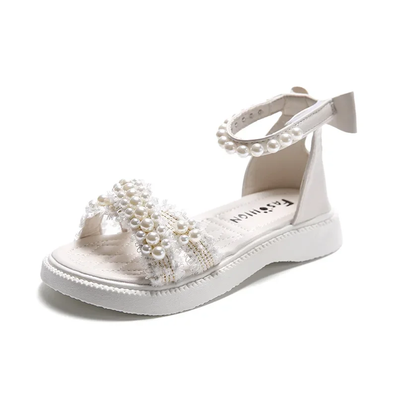 Girls Sandals 2024 New Summer Princess White Party Sandals Pearls Platform Baby Casual Beach Shoes Non-slip Flats with Bowknot