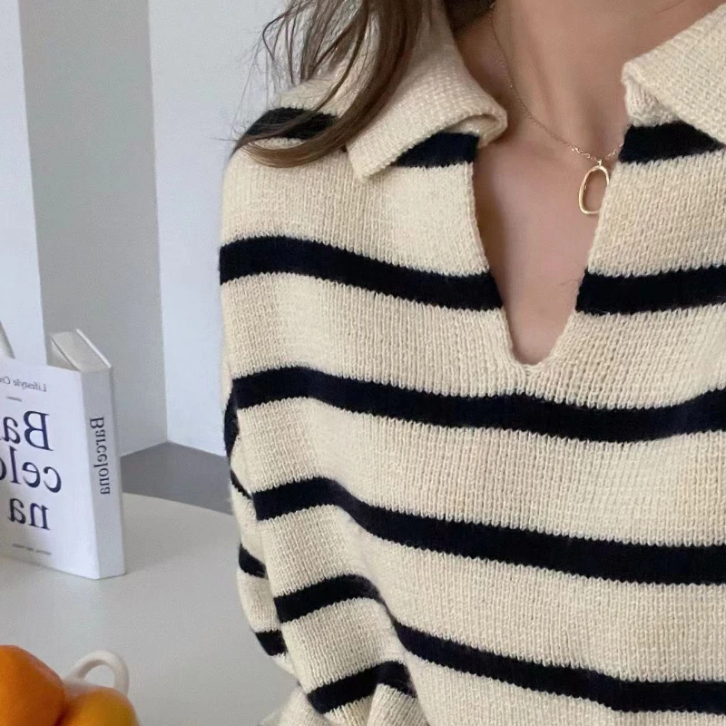 High Collar Sweater Women's Stripe Autumn Winter New Classic Casual Knit Pullover Fashion Student Harajuku Soft Fashion Pullover