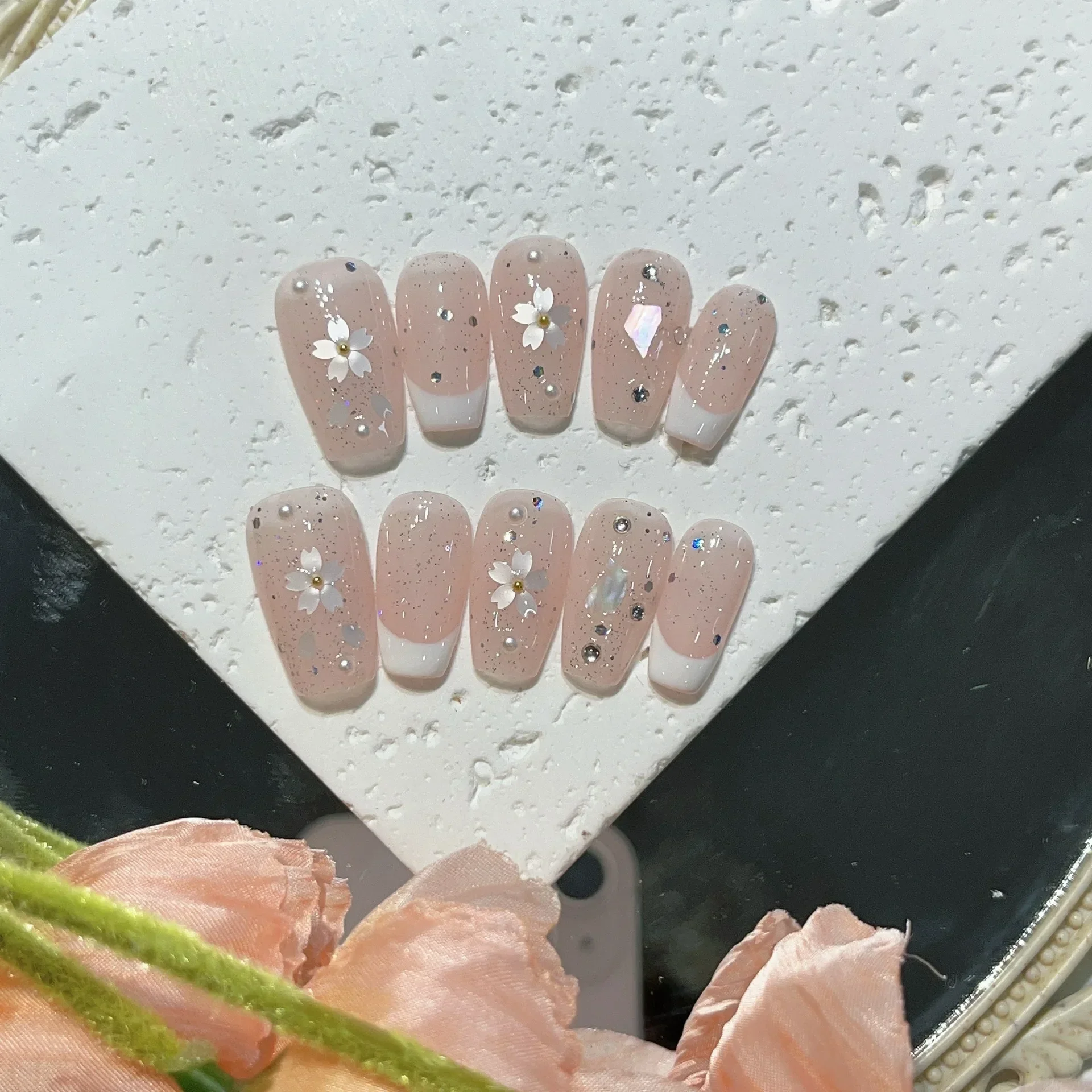 10Pcs Blue Handmade Press On Nails Set Ballet Wearable Artificial False Nails Decoration Nail Art Manicure Fake Nails Tips Art