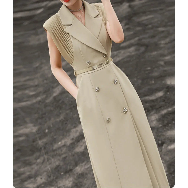 

Summer new temperament high-end commuter suit skirt waist lace-up pleated sleeveless dress