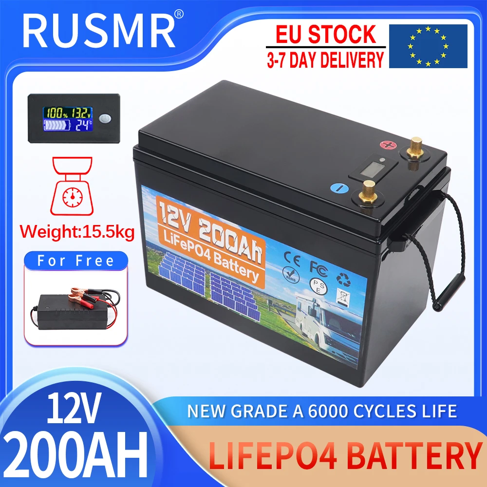 

12V 200Ah LiFePo4 Battery Built-in BMS Lithium Iron Phosphate Cells Pack 6000 Cycles For RV Campers Golf Cart Solar With Charger