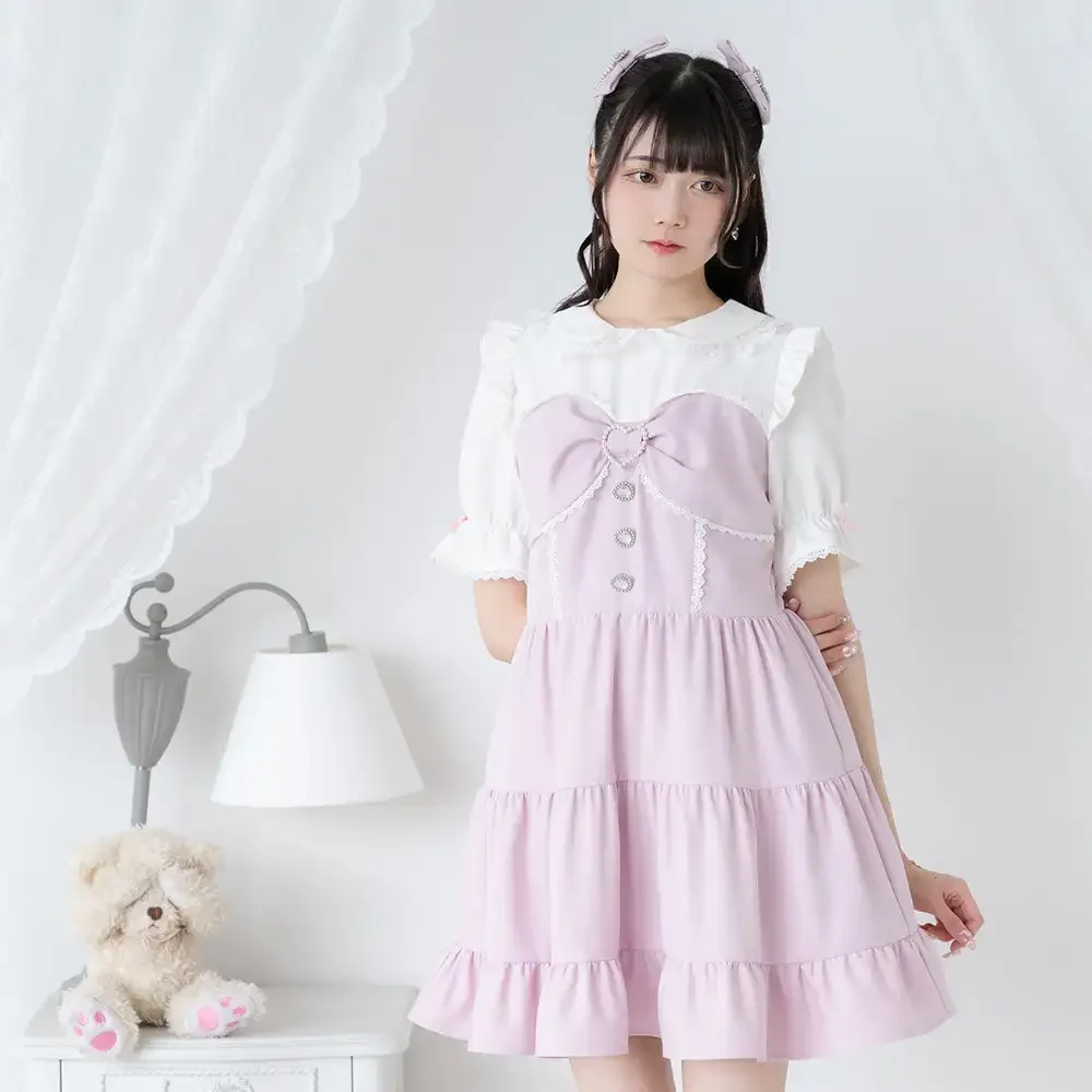 Summer New Sweet Dress Japanese Cute Love Button Bow Tie Doll Collar Patchwork Short Princess Dress for Women