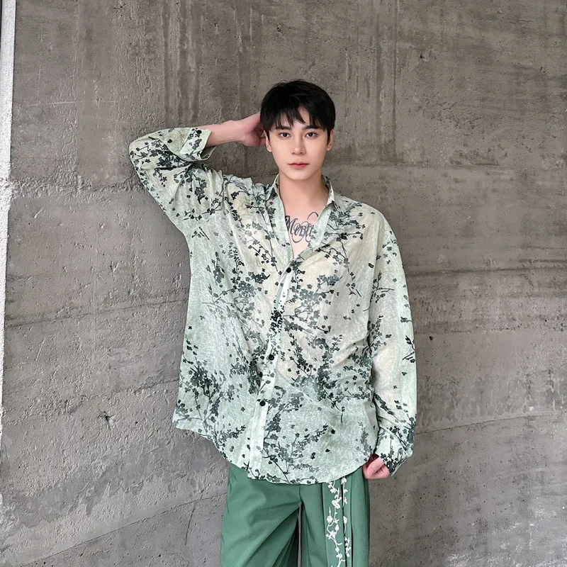 

Summer Vintage Velvet Floral Long Sve Men's irt Thin Design Sense Floral Pattern Ice Silk Trendy Casual Loose Fit irt