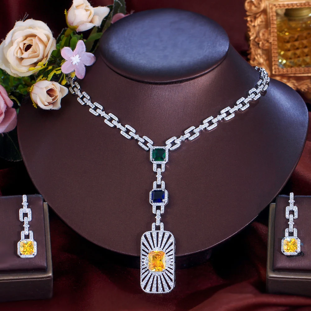 BeaQueen Multi Color Yellow Zirconia Jewelry Set Y Shape Necklace Drop Earrings for Women Banquet Formal Party Gift JS365